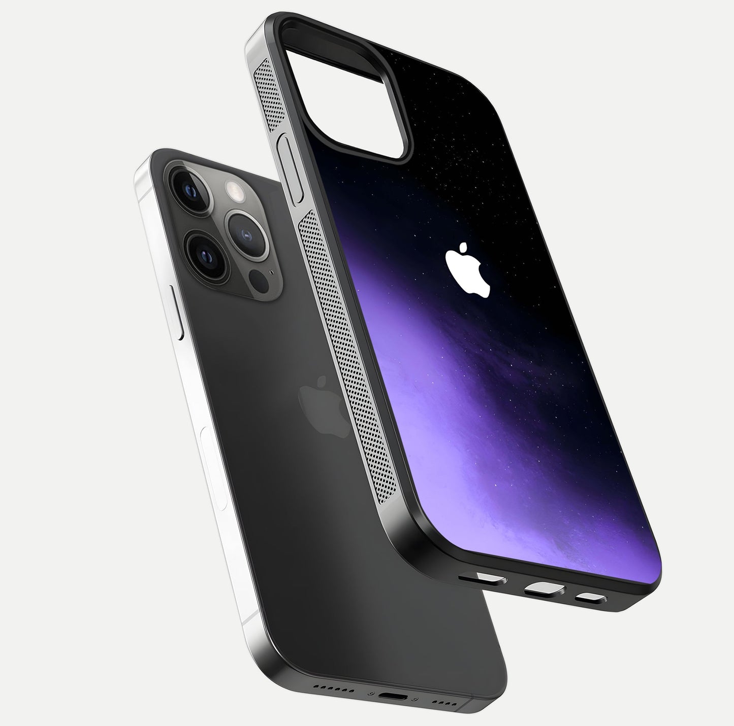 Galaxy Apple Aura Glass Case for iPhone 12 Pro Max floating dual-view mockup highlighting HD gloss and deep space color blend