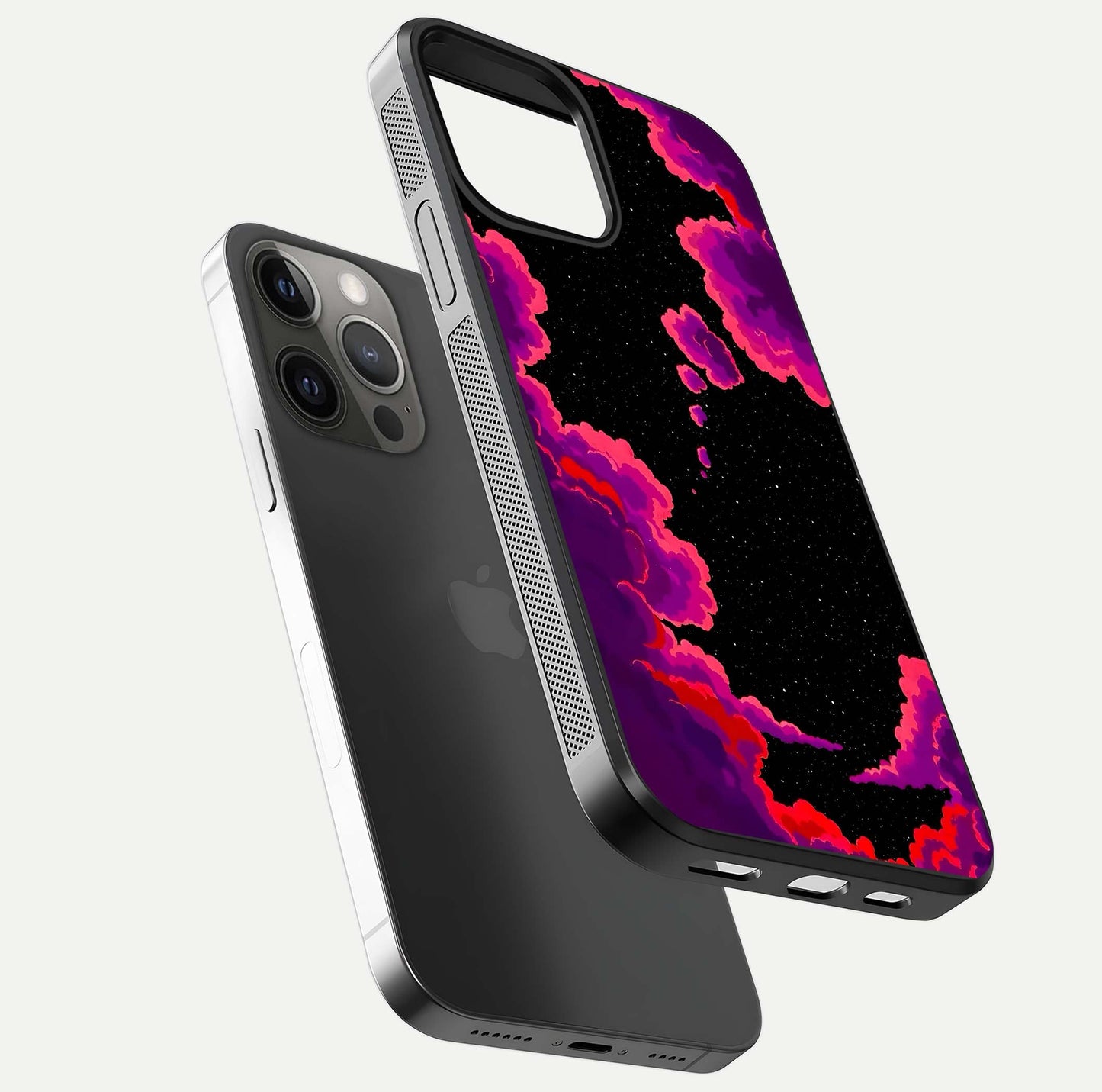 Galaxy Dream Frame Glass Case for iPhone 12 Pro Max floating dual-view mockup showing vibrant gloss and space-themed tones
