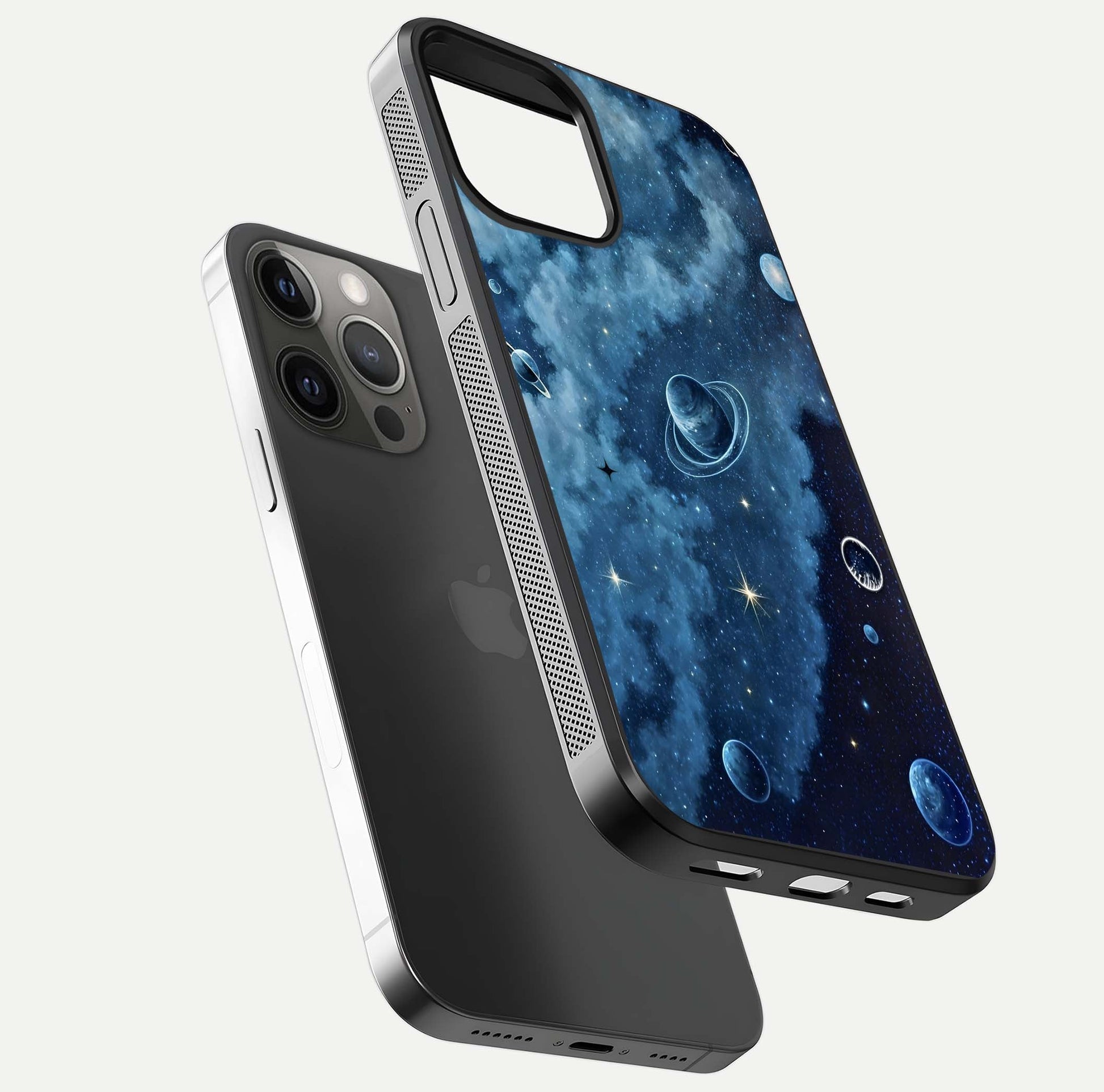 Galaxy Dream Space Glass Case for iPhone 12 Pro Max floating dual-view mockup showing glossy finish and celestial depth