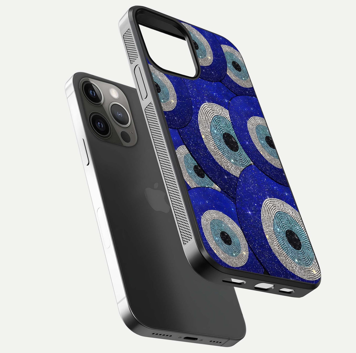 Galaxy Eye Flow Glass Case for iPhone 12 Pro Max floating dual-view mockup showing gloss polish and glowing tones
