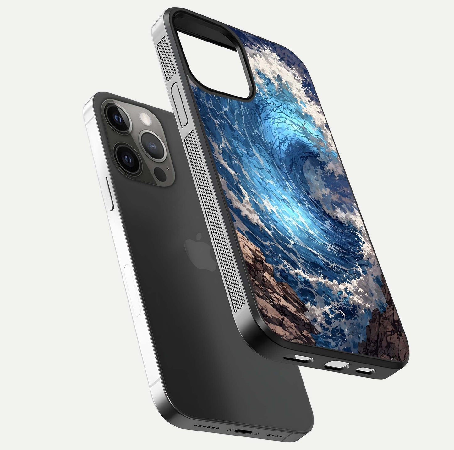 Giant Ocean Wave Glass Case for iPhone 12 Pro Max floating dual-view mockup showing glossy depth and aquatic blue gradient