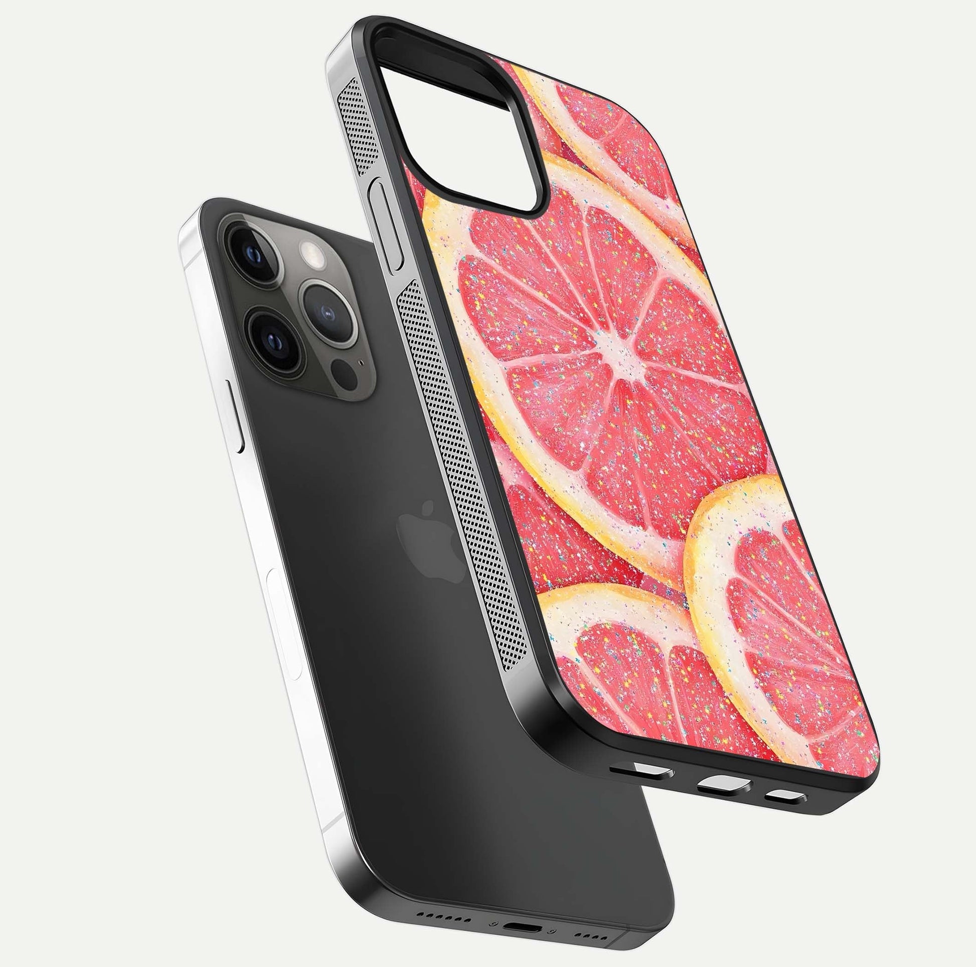 Glitter Grapefruit Glass Case for iPhone 12 Pro Max floating dual-view mockup showing HD gloss and fresh color detail