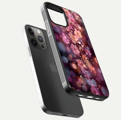 Glowing Petal Bliss Glass Case for iPhone 12 Pro Max floating dual-view mockup showing gloss brightness and delicate tone