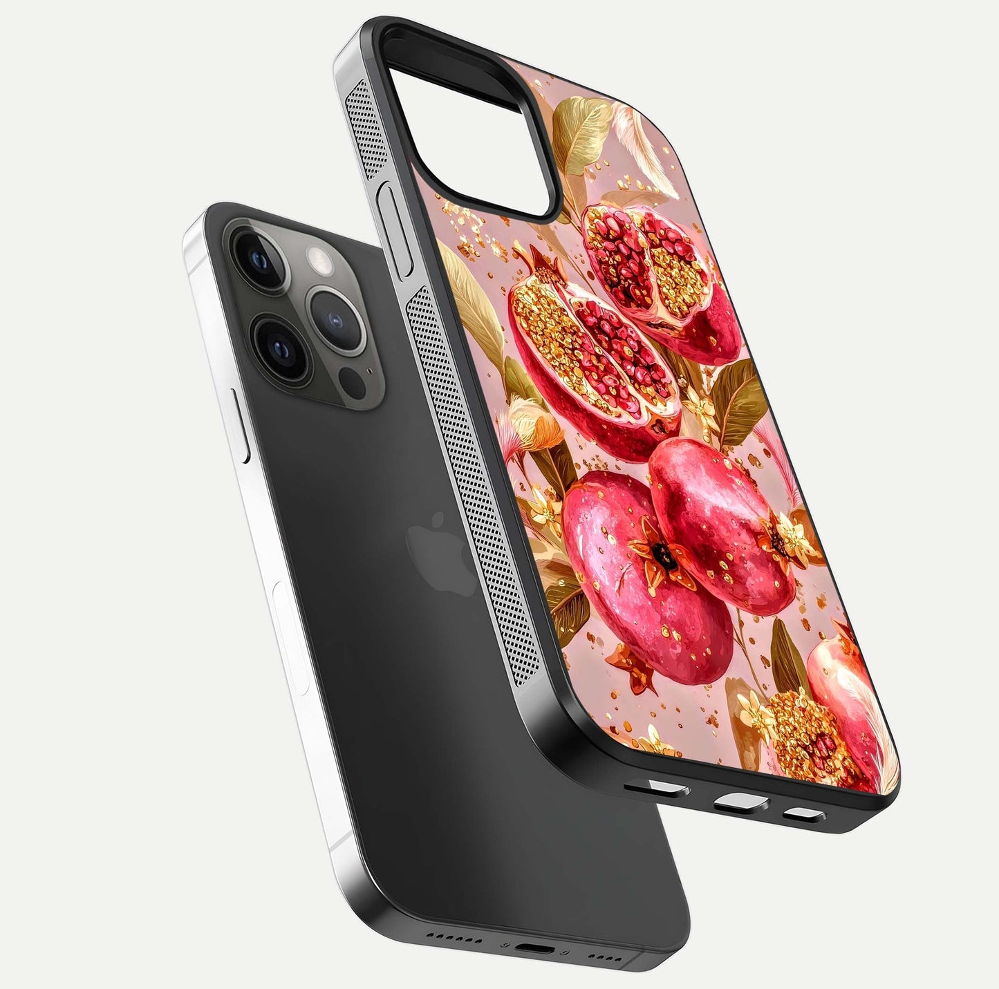 Golden Bloom Glow Glass Case for iPhone 12 Pro Max floating dual-view mockup showing glossy shine and golden shimmer