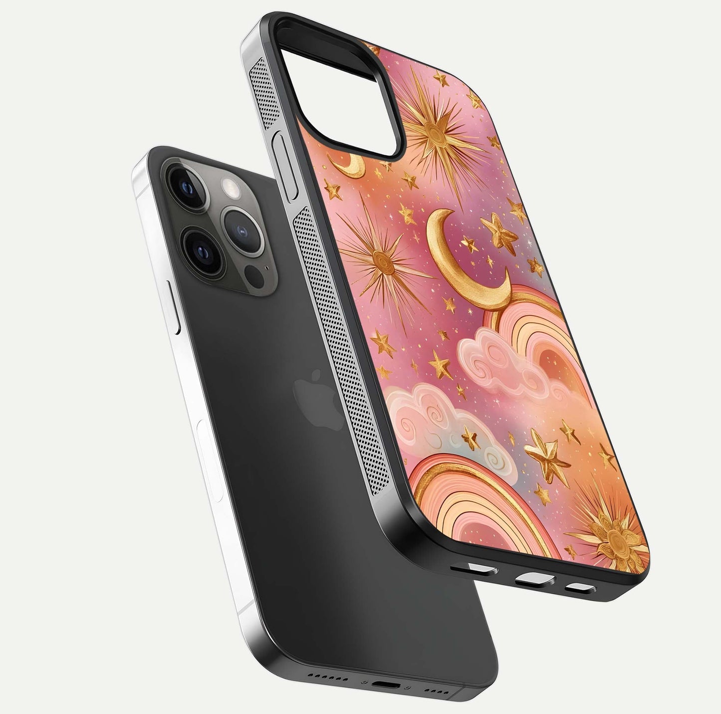 Golden Celestial Dreams Glass Case for iPhone 12 Pro Max floating dual-view mockup showing gloss surface and dream-like glow