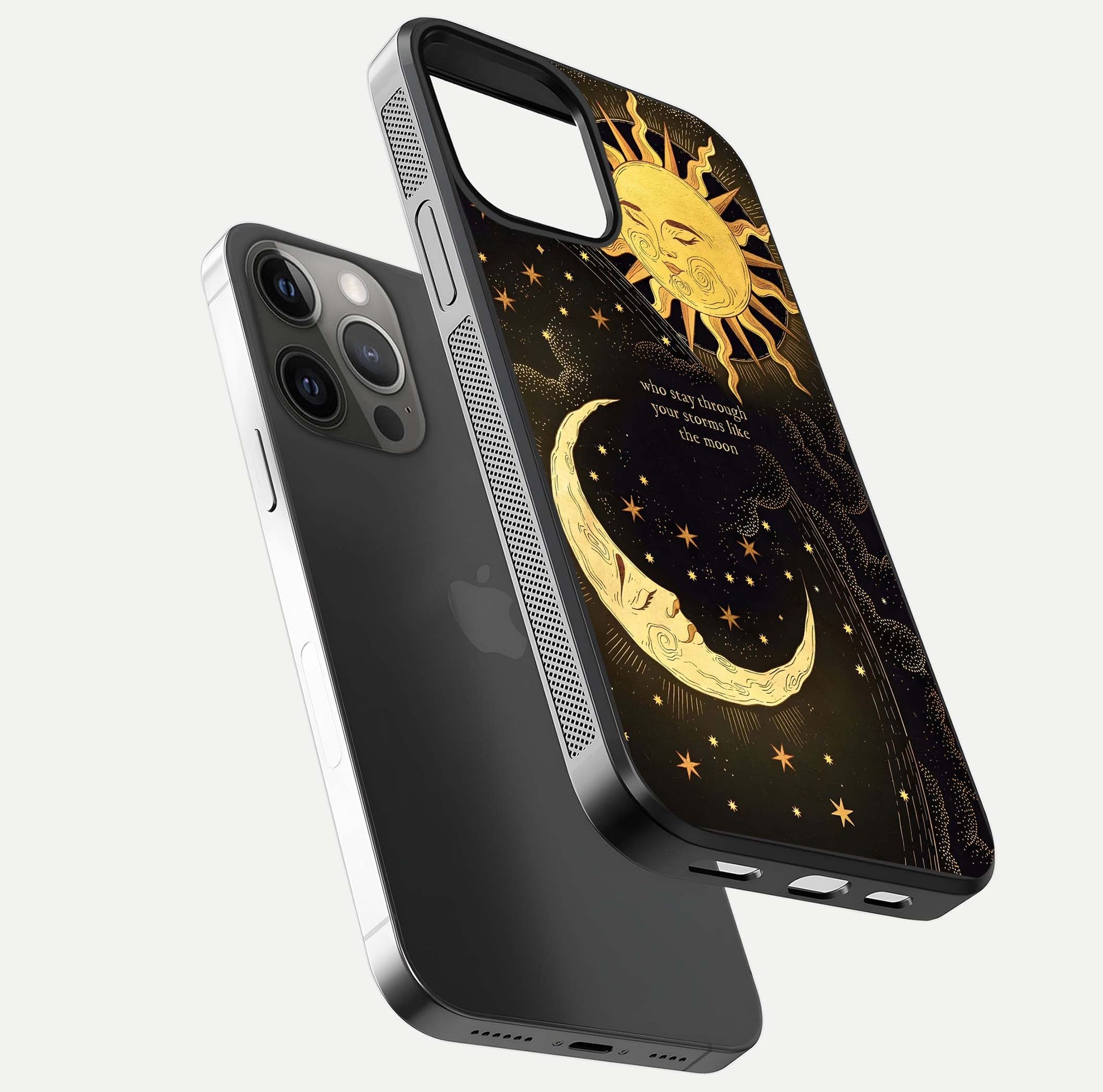 Golden Lunar Love Glass Case for iPhone 12 Pro Max floating dual-view mockup showing glossy glow and romantic theme