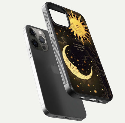Golden Lunar Love Glass Case for iPhone 12 Pro Max floating dual-view mockup showing glossy glow and romantic theme