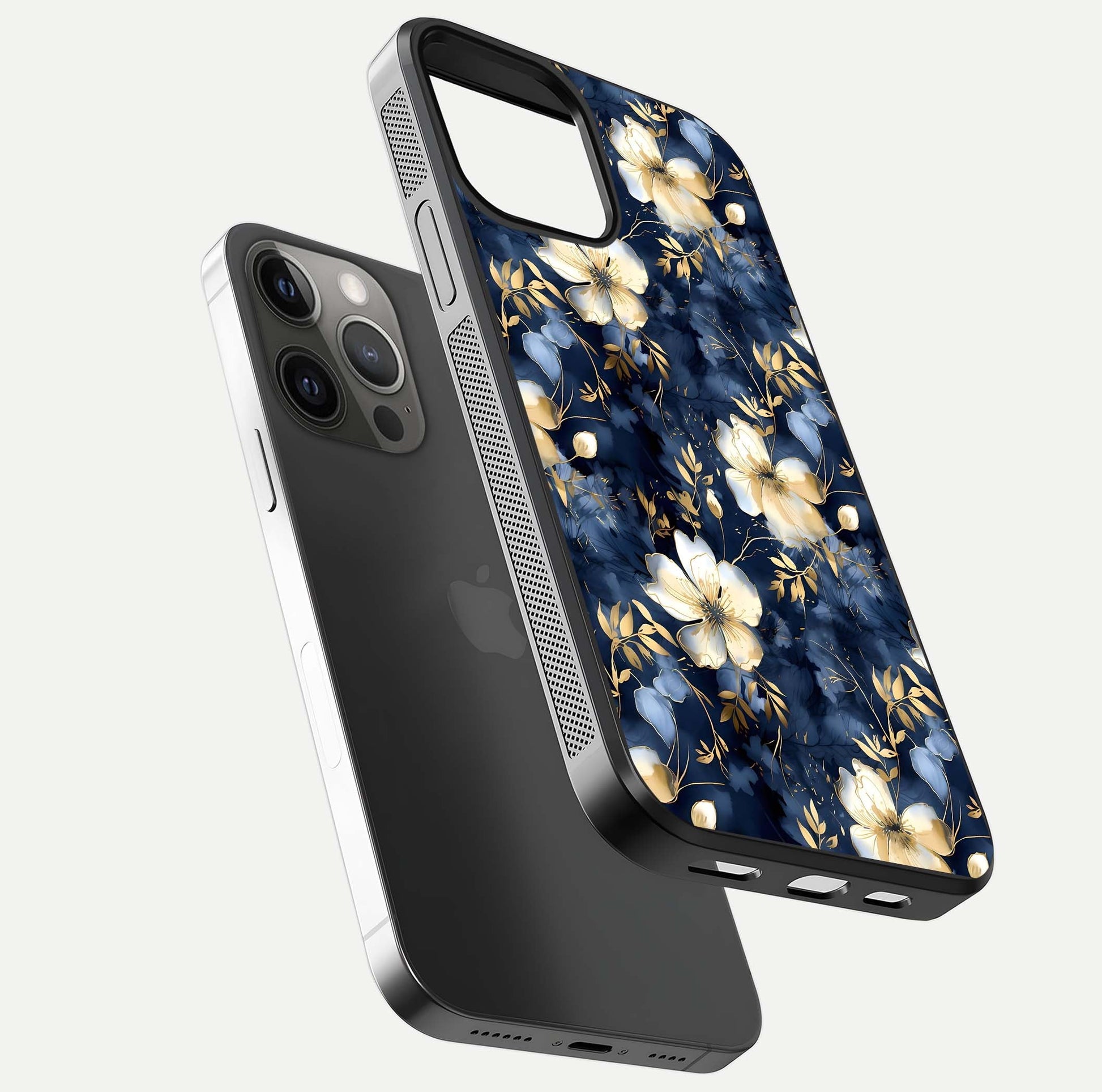 Golden Midnight Bloom Glass Case for iPhone 12 Pro Max floating dual-view mockup showing gloss polish and metallic reflection