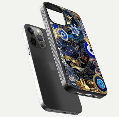 Golden Moon Magic Glass Case for iPhone 12 Pro Max floating dual-view mockup showing gloss texture and golden illumination
