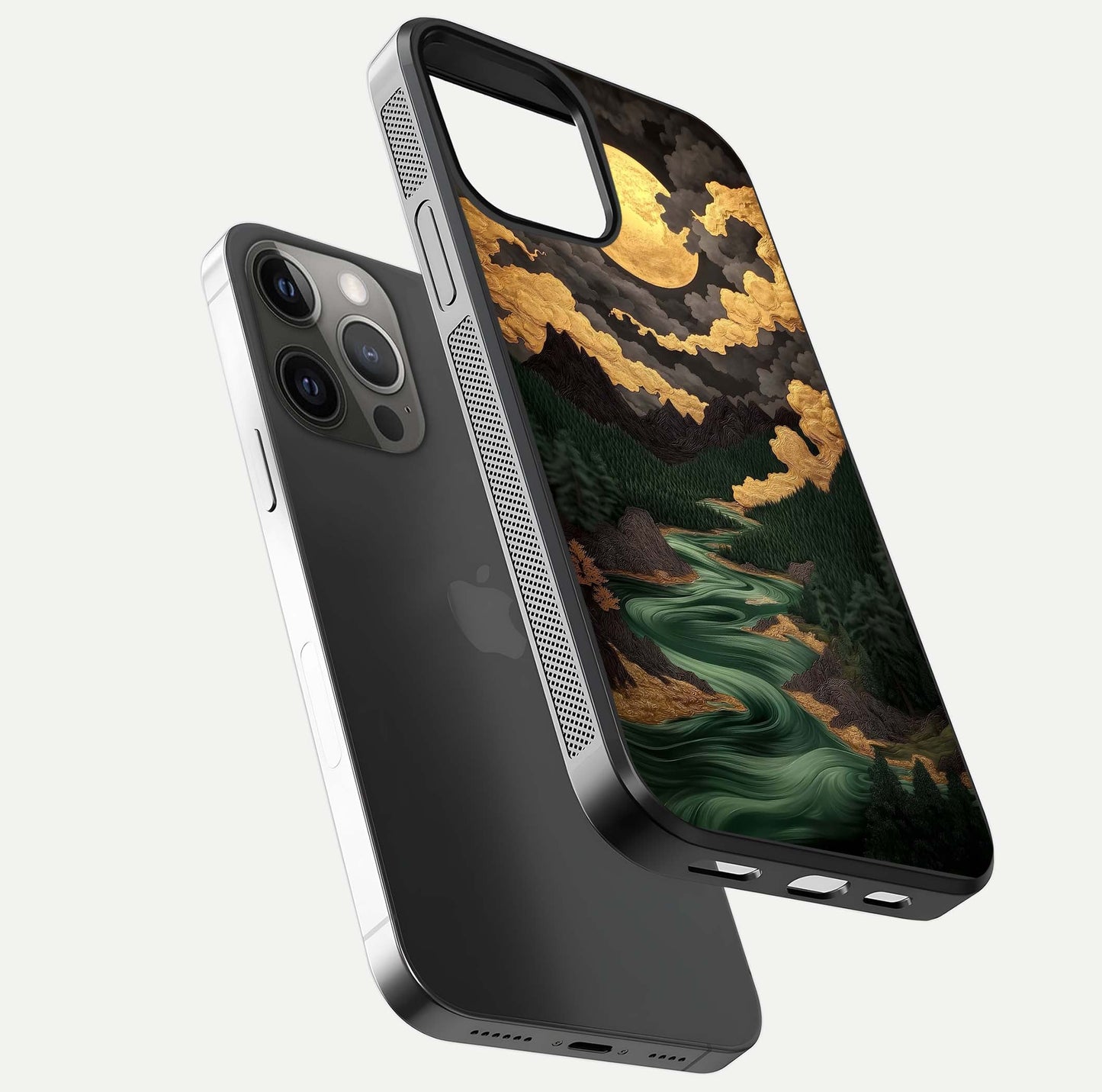 Golden River Moon Glass Case for iPhone 12 Pro Max floating dual-view mockup showing gloss surface and luxury tone