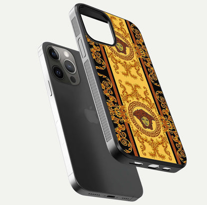 Golden Royal Heritage Glass Case for iPhone 12 Pro Max floating dual-view mockup showing glossy surface and rich regal tone