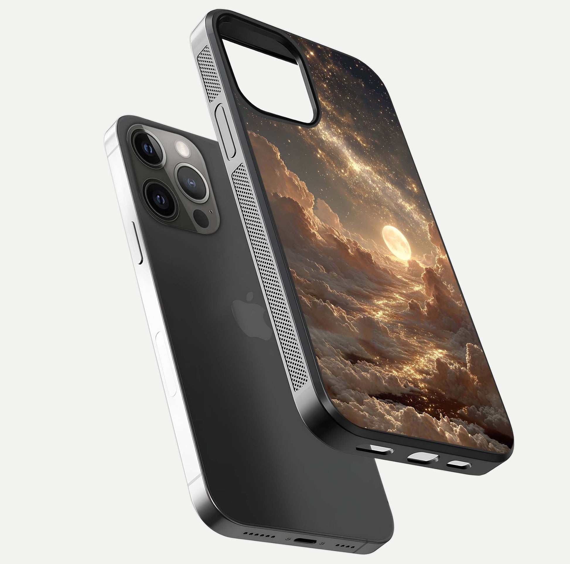 Golden Sky Dream Glass Case for iPhone 12 Pro Max floating dual-view mockup showing gloss depth and elegant finish
