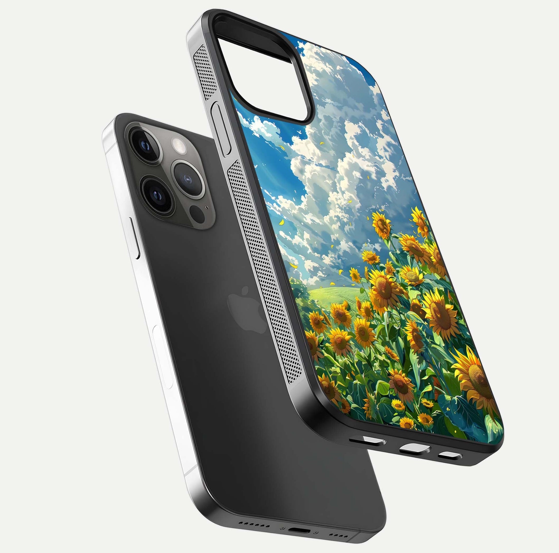 Golden Sun Glory Glass Case for iPhone 12 Pro Max floating dual-view mockup showing gloss shine and premium surface