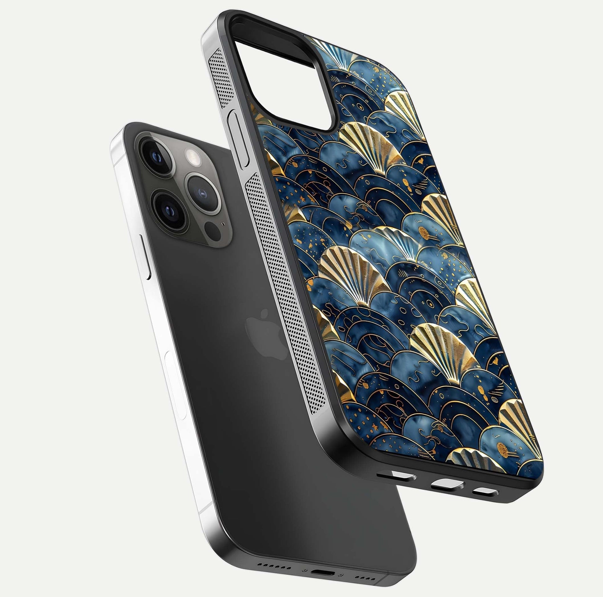 Golden Wave Luxe Glass Case for iPhone 12 Pro Max floating dual-view mockup showing gloss surface and shimmering tones