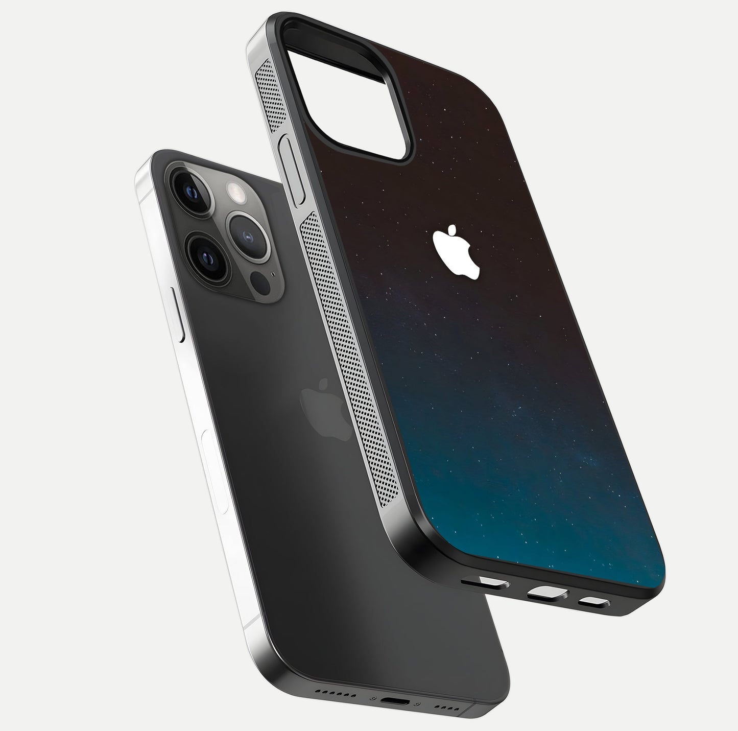 Green Emerald Apple Logo Glass Case for iPhone 12 Pro Max floating dual-view mockup showing glossy shine and premium color tone
