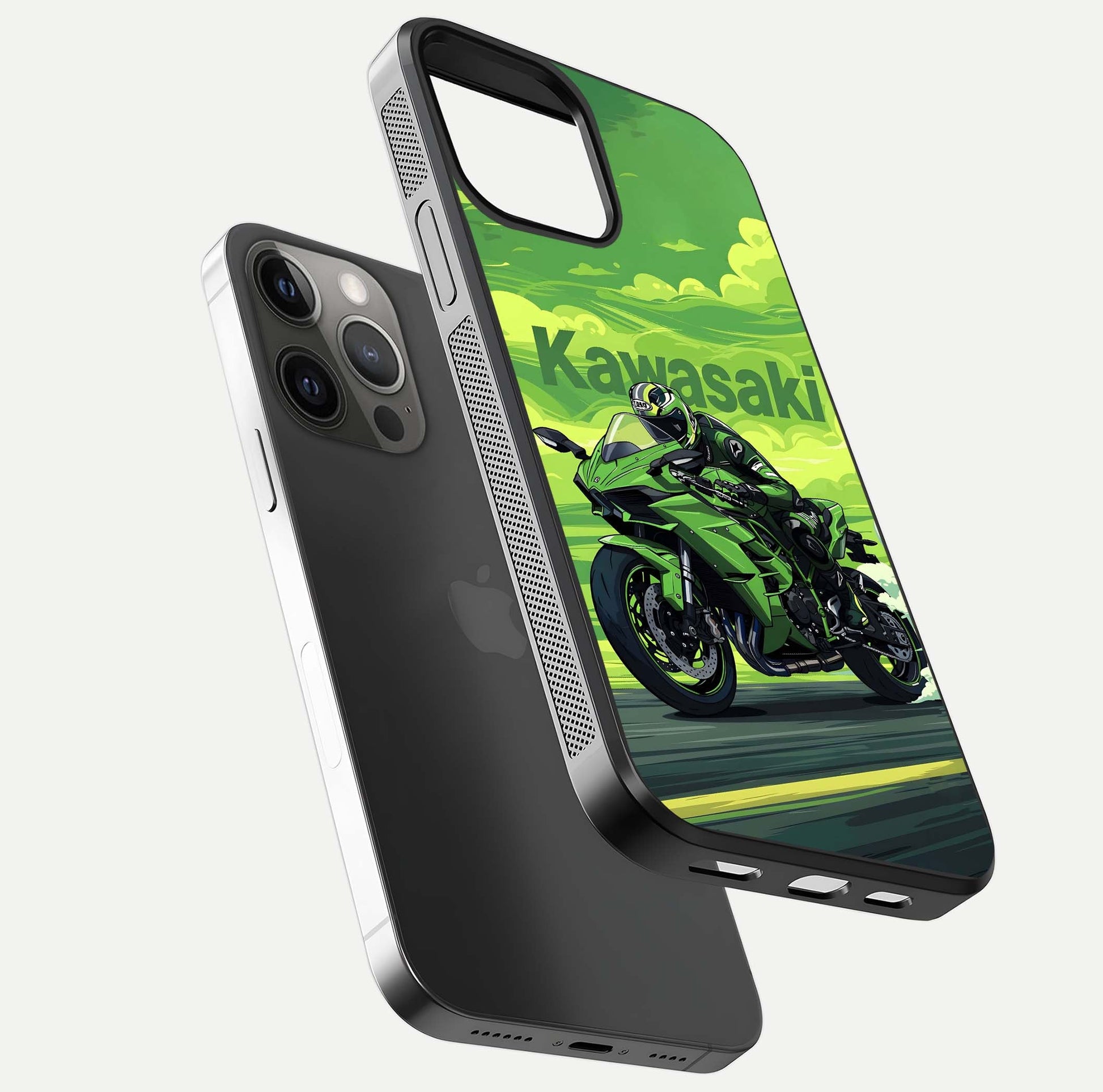 Green Kawasaki Glass Case for iPhone 12 Pro Max floating dual-view mockup showing gloss surface and power-bike theme