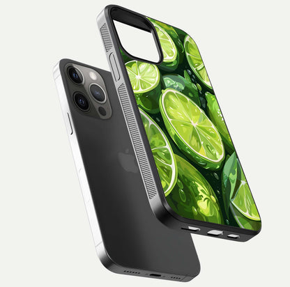 Green Lemon Glass Case for iPhone 12 Pro Max floating dual-view mockup showing glossy surface and fruity freshness