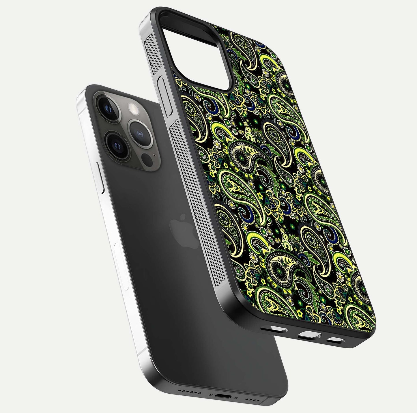 Green Mandala Pattern Glass Case for iPhone 12 Pro Max floating dual-view mockup showing gloss texture and symmetry shine