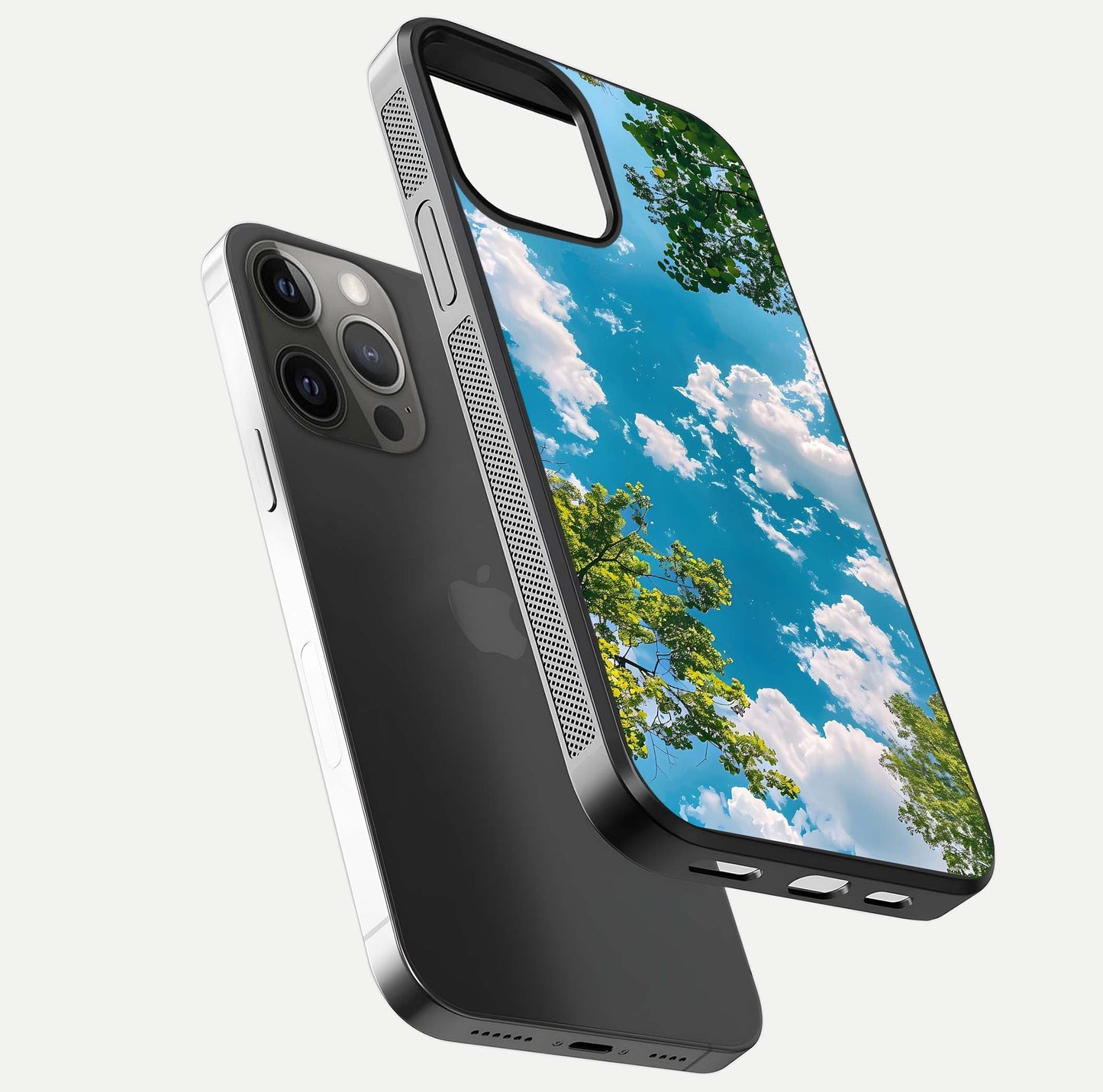 Greenery Sky Glass Case for iPhone 12 Pro Max floating dual-view mockup showing glossy shine and soft natural tones