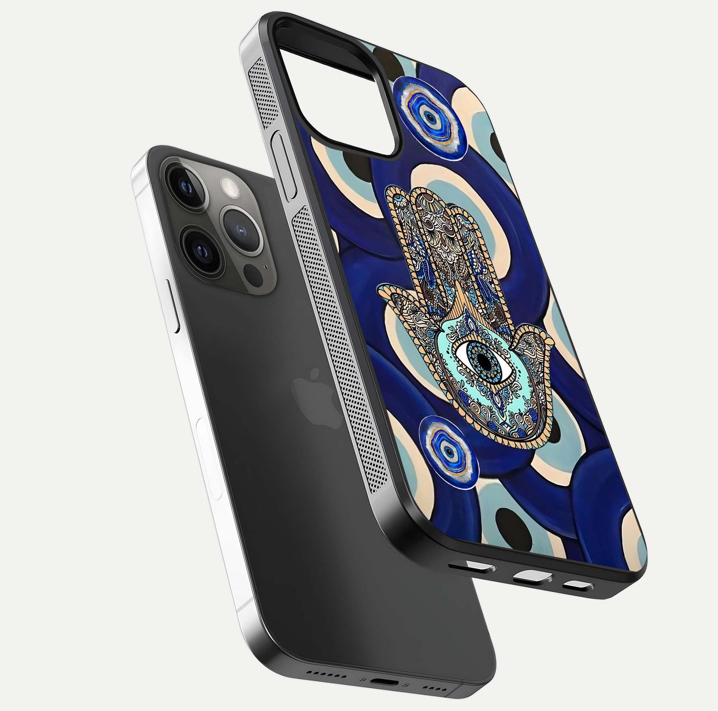 Hamsa Divine Guard Glass Case for iPhone 12 Pro Max floating dual-view mockup showing gloss shine and mystical pattern