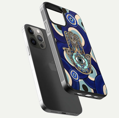 Hamsa Divine Guard Glass Case for iPhone 12 Pro Max floating dual-view mockup showing gloss shine and mystical pattern