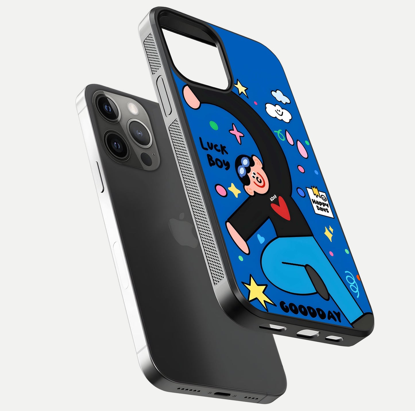 Happy Luck Vibe Glass Case for iPhone 12 Pro Max floating dual-view mockup showing glossy tone and bright finish