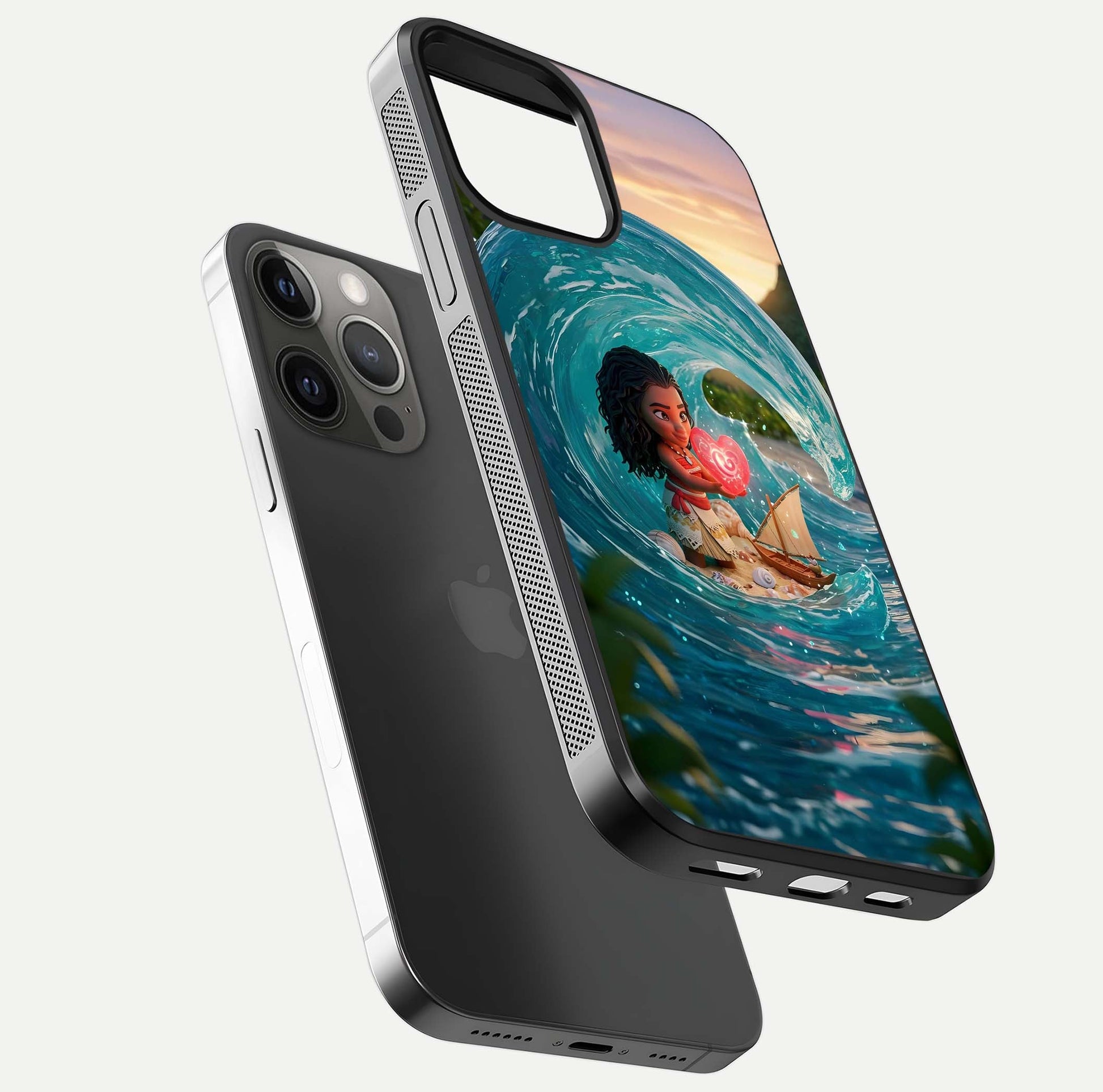 Heart of Ocean Glass Case for iPhone 12 Pro Max floating dual-view mockup showing gloss surface and aquatic design