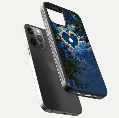 Heart with Moon Sky Glass Case for iPhone 12 Pro Max floating dual-view mockup showing gloss texture and romantic sky glow