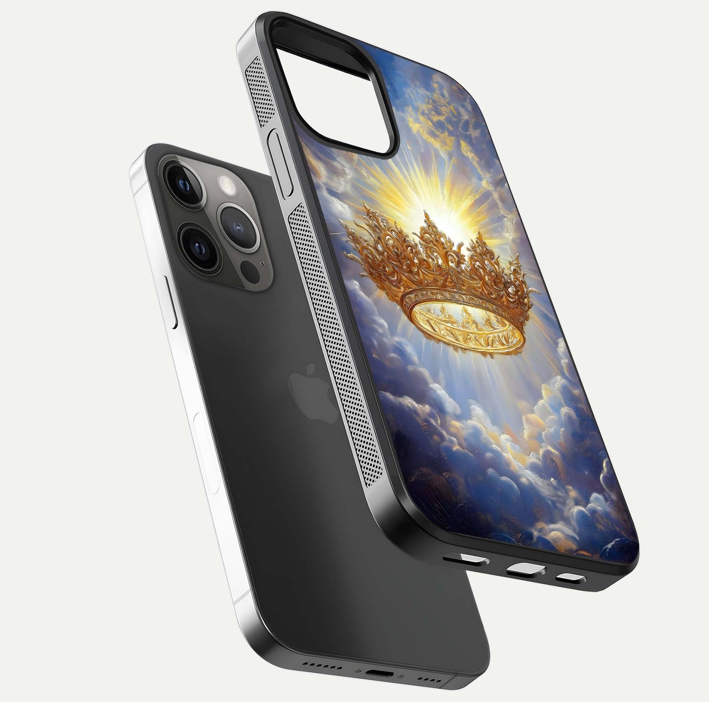 Heavenly Crown Light Glass Case for iPhone 12 Pro Max floating dual-view mockup showing gloss shine and luminous crown texture