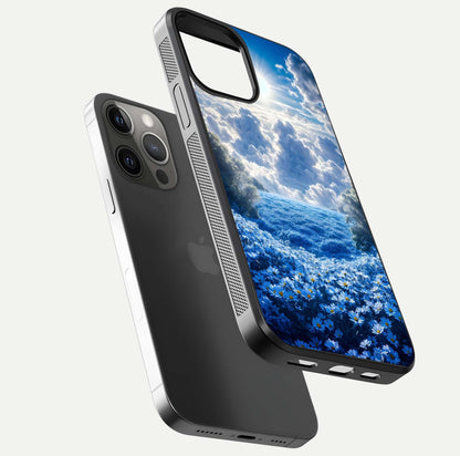 Heavenly Daisy Horizon Glass Case for iPhone 12 Pro Max floating dual-view mockup showing gloss polish and soft pastel background