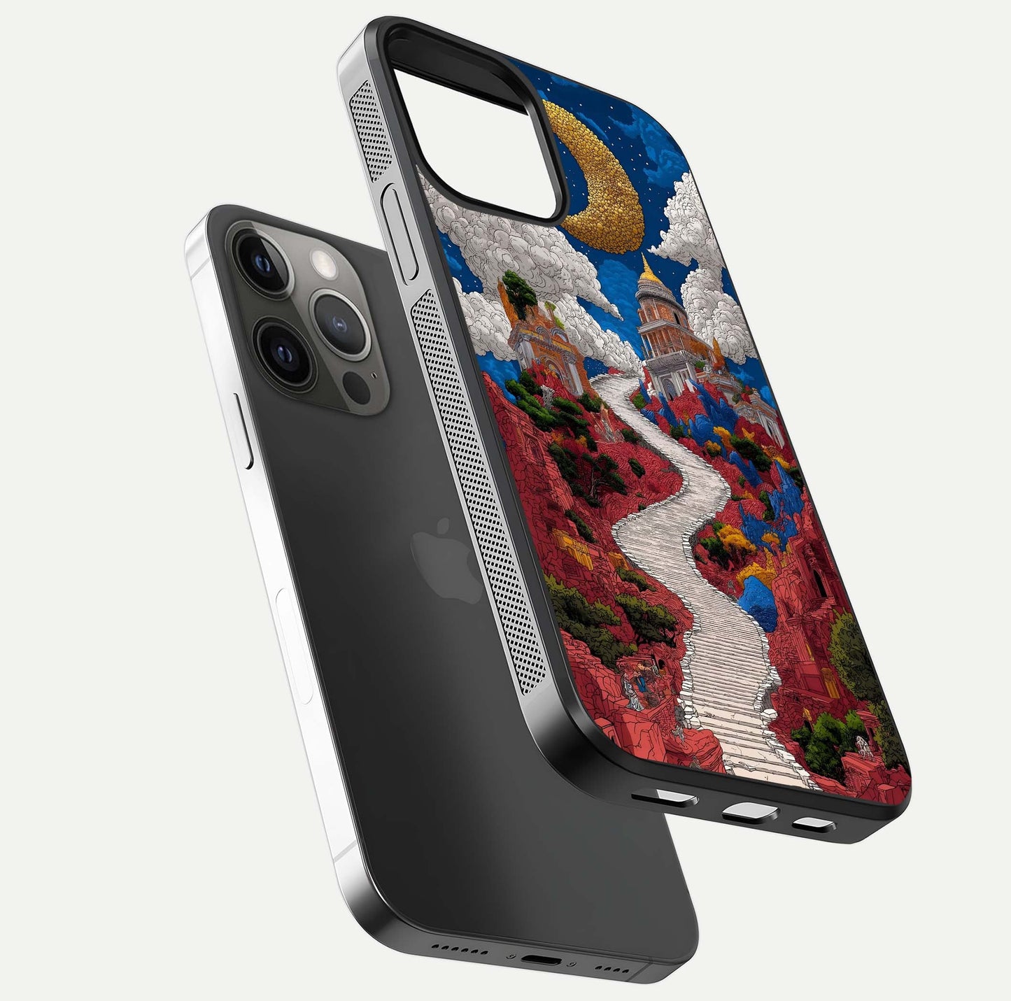 Heavenly Moon Path Glass Case for iPhone 12 Pro Max floating dual-view mockup showing gloss surface and celestial pathway