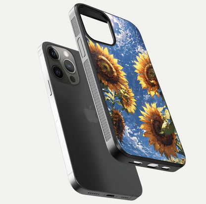 Heavenly Sunflower Rise Glass Case for iPhone 12 Pro Max floating dual-view mockup showing gloss brightness and morning-light feel
