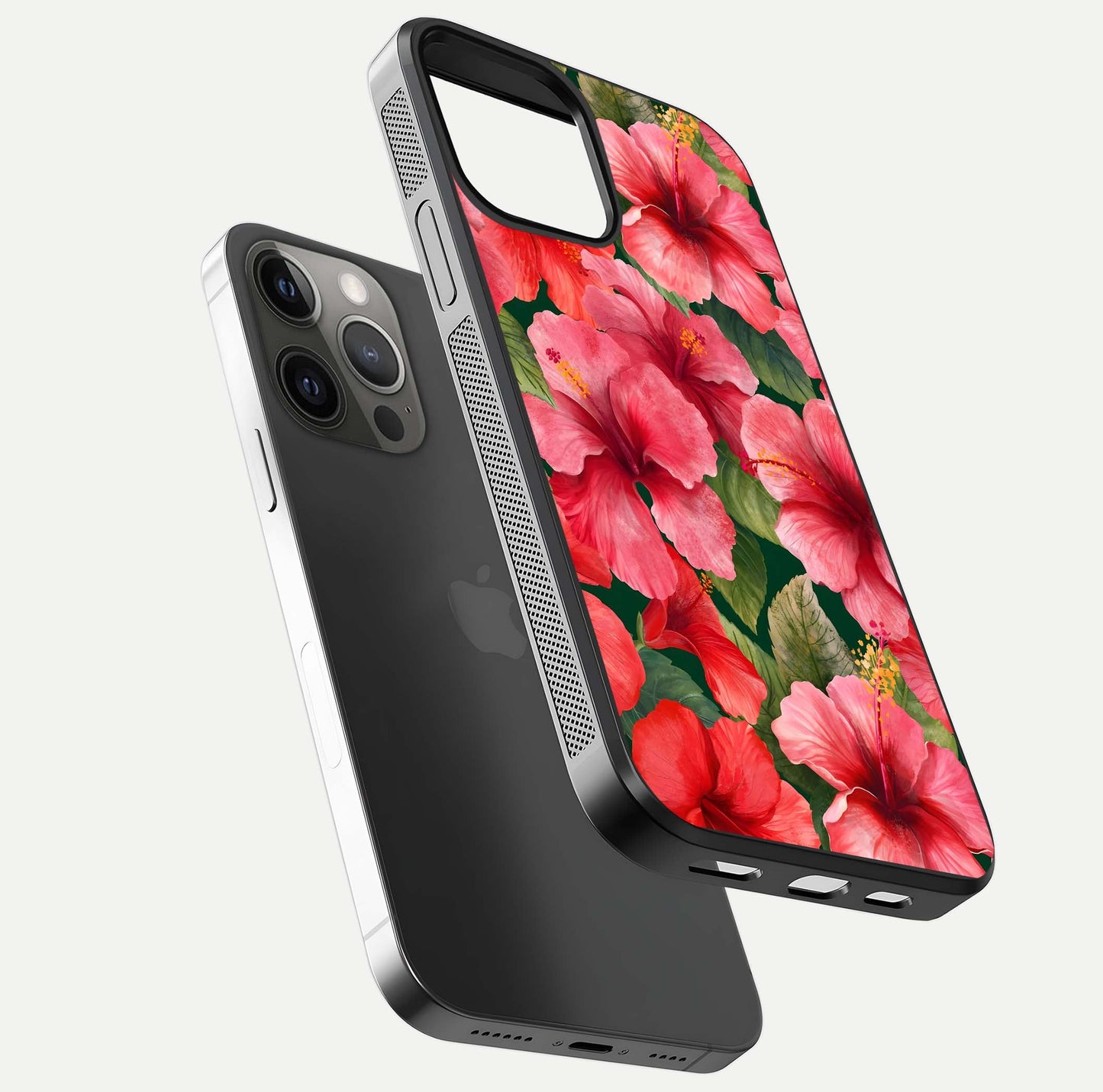 Hibiscus Pattern Glass Case for iPhone 12 Pro Max floating dual-view mockup showing glossy texture and vivid color depth