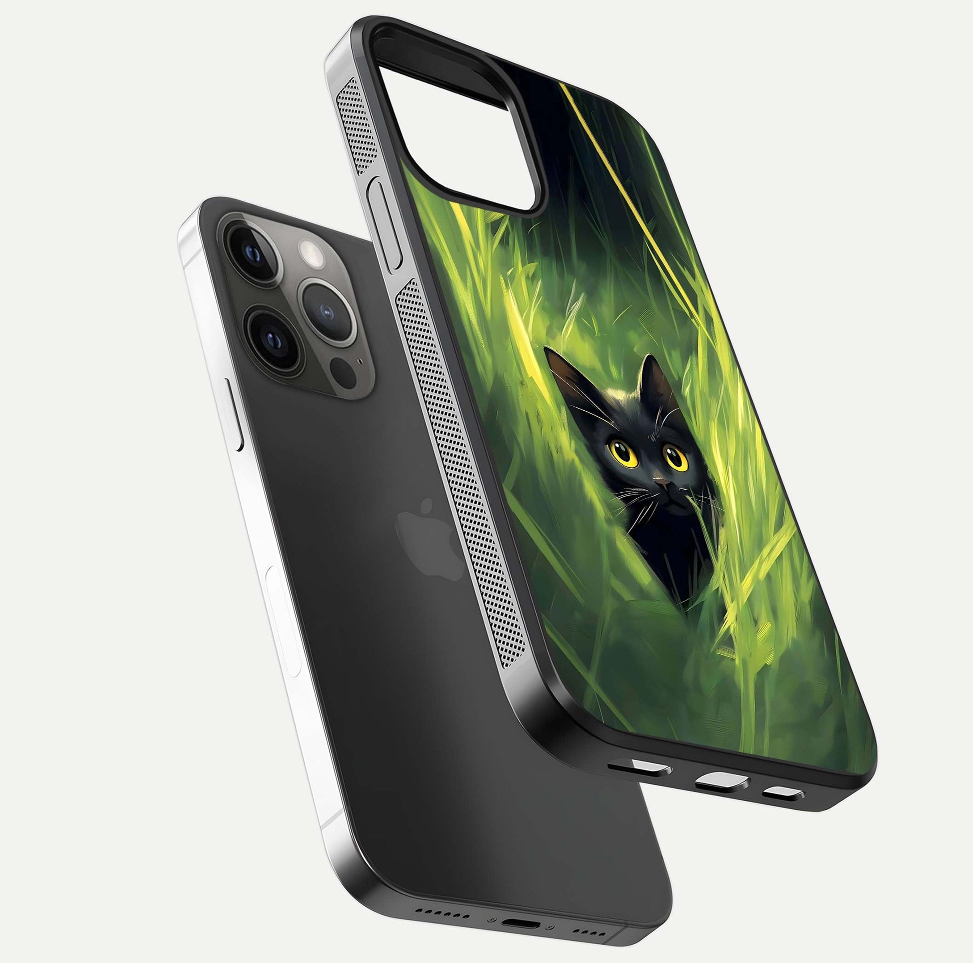 Hidden Cat Whisper Glass Case for iPhone 12 Pro Max floating dual-view mockup showing glossy tone and elegant cat silhouette