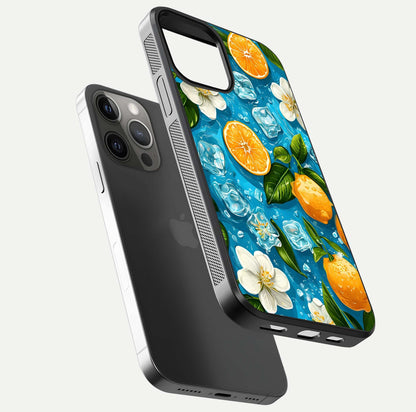 Ice Cube With Orange Glass Case for iPhone 12 Pro Max floating dual-view mockup showing glossy shine and cool refreshing tone