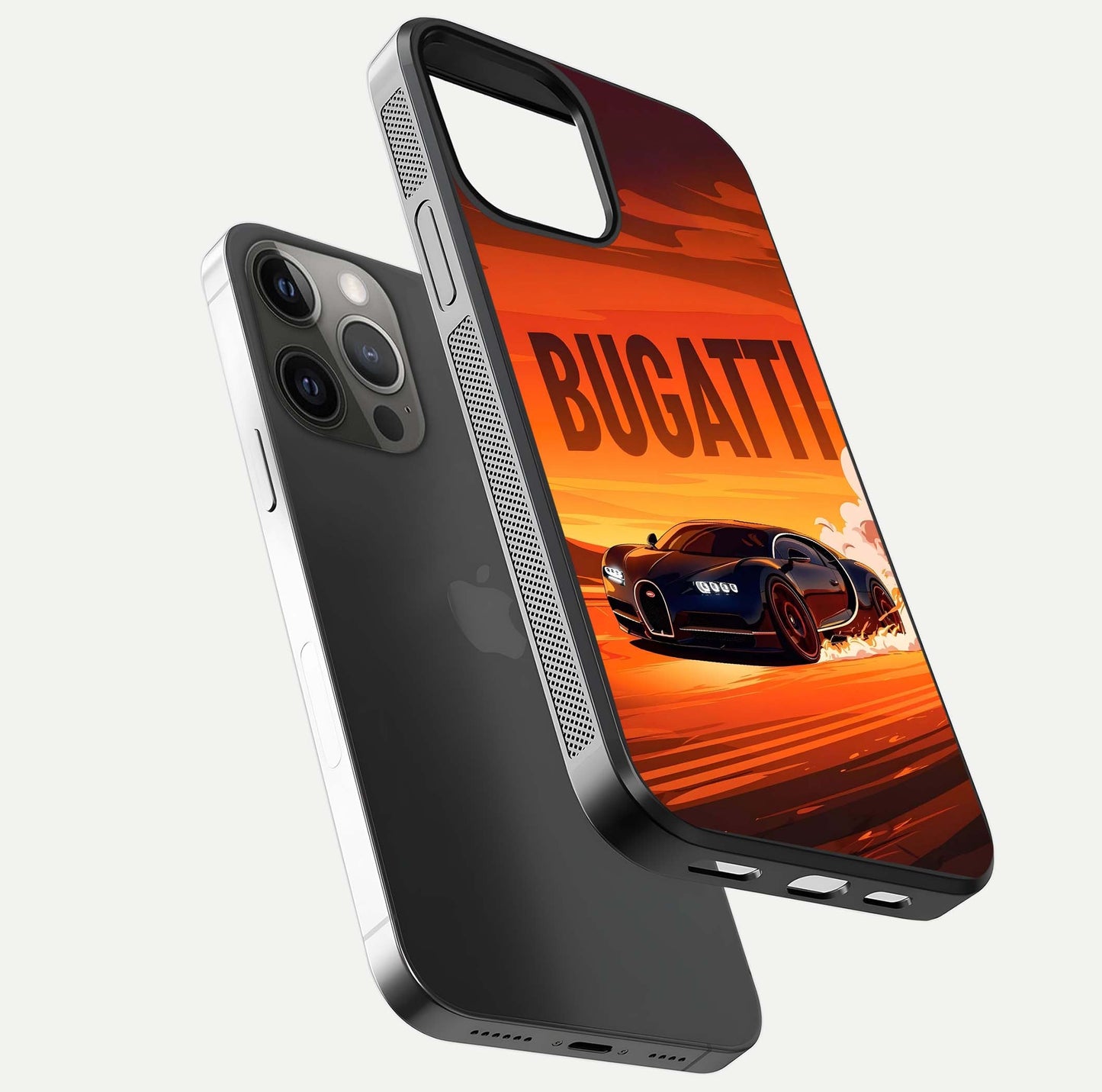 Inferno Bugatti Storm Glass Case for iPhone 12 Pro Max floating dual-view mockup showing gloss surface and racing energy