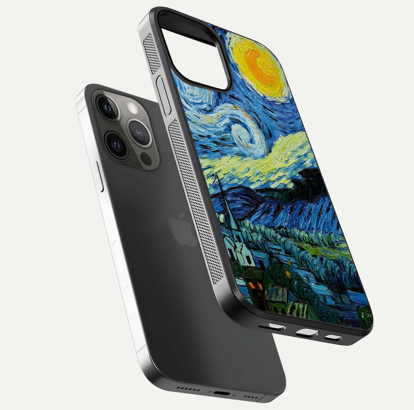 Inspired Van Gogh Art Glass Case for iPhone 12 Pro Max floating dual-view mockup showing gloss depth and artistic reflection
