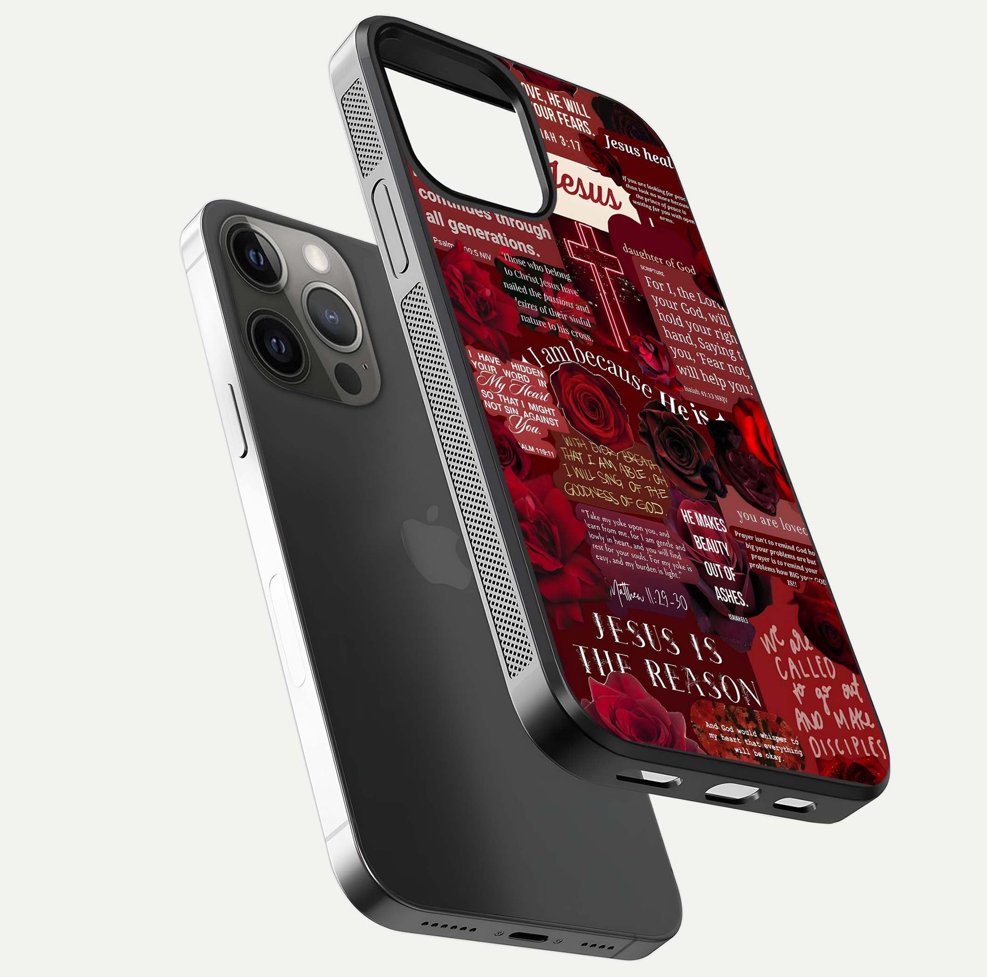 Jesus Love Heals Glass Case for iPhone 12 Pro Max floating dual-view mockup showing glossy shine and faith-inspired art
