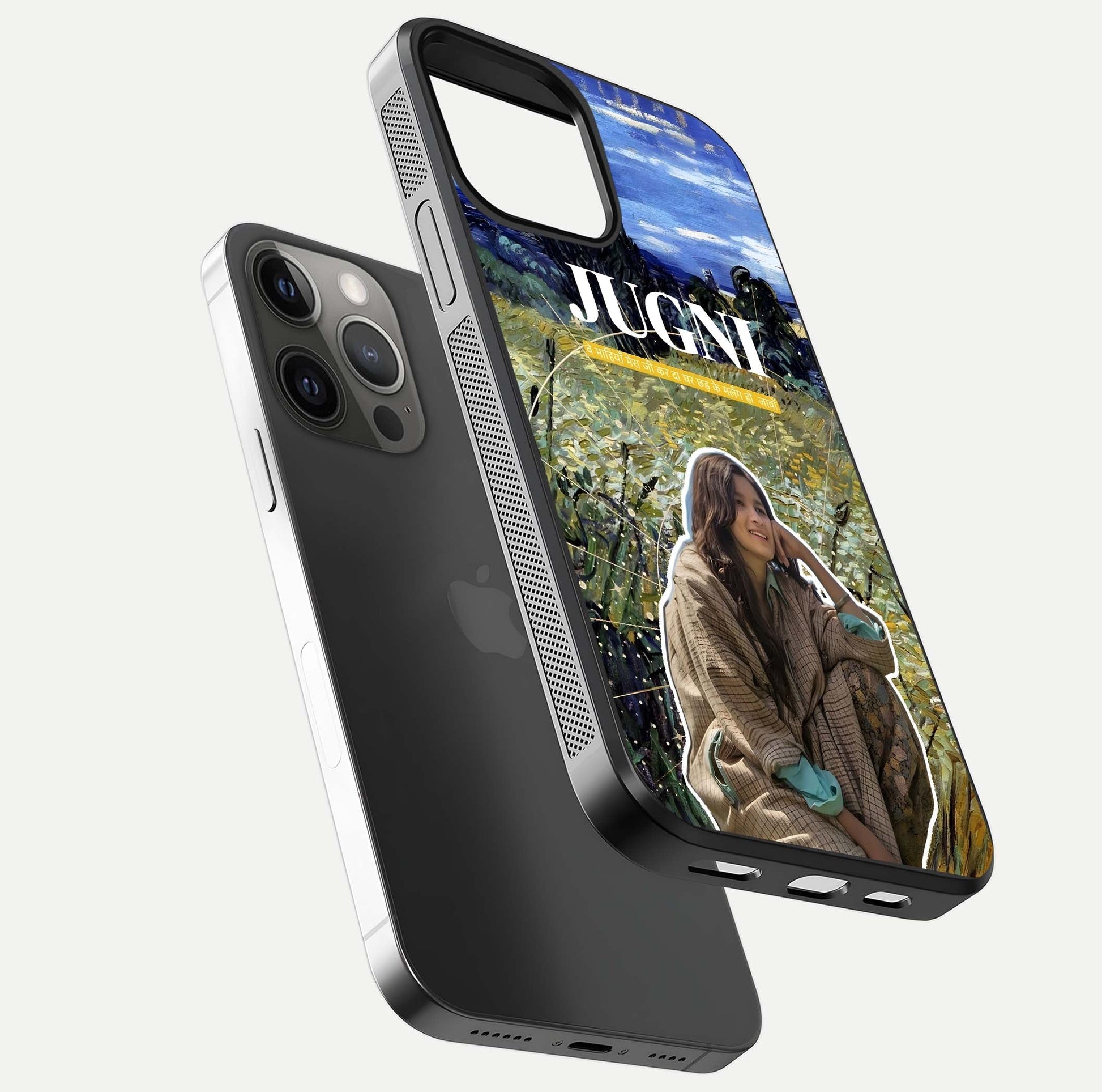 Jugni Soul Vibes Glass Case for iPhone 12 Pro Max floating dual-view mockup showing gloss surface and vivid design style