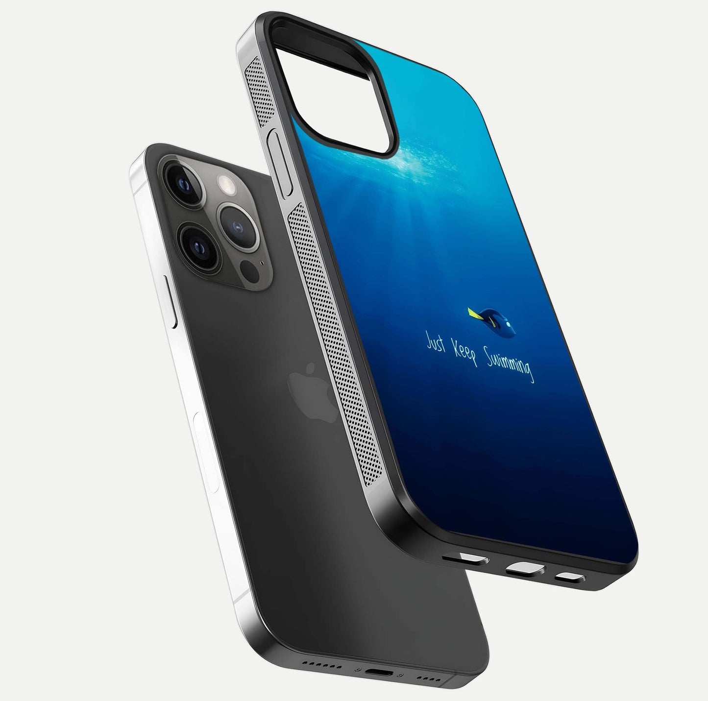 Just Keep Swimming Glass Case for iPhone 12 Pro Max floating dual-view mockup showing gloss brightness and wave motif