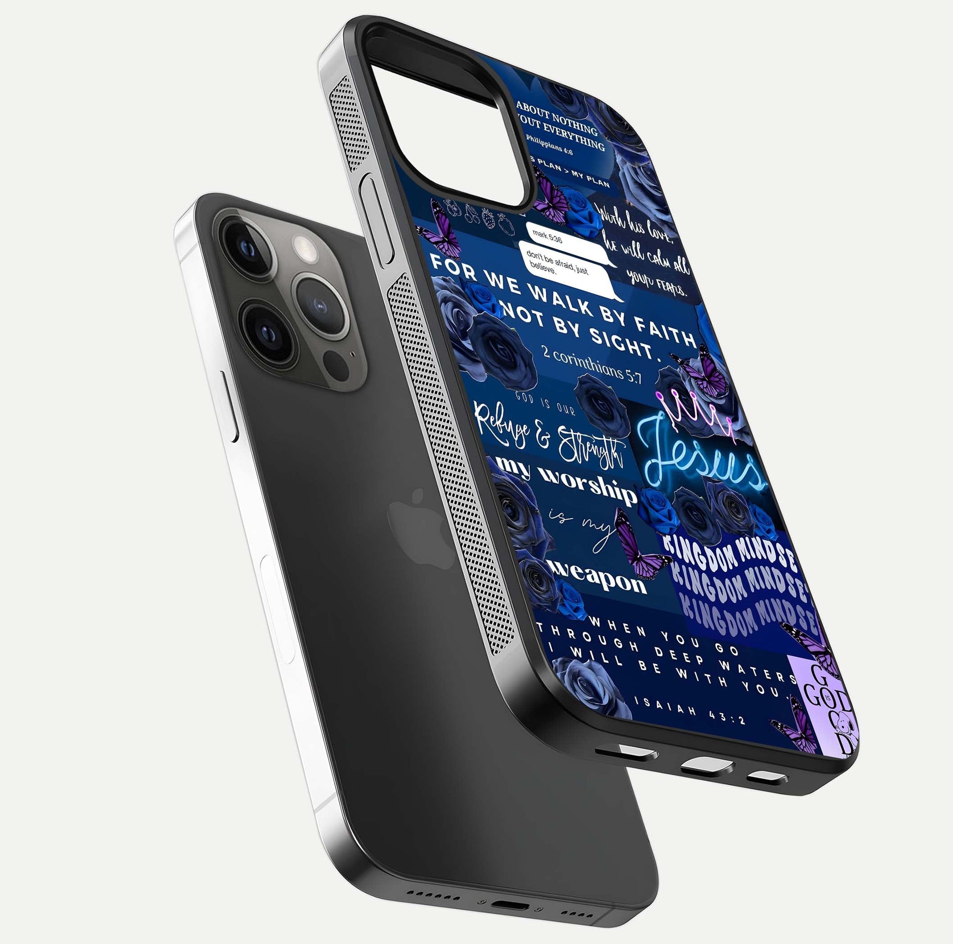 Kingdom Faith Glow Glass Case for iPhone 12 Pro Max floating dual-view mockup showing premium gloss and golden aura