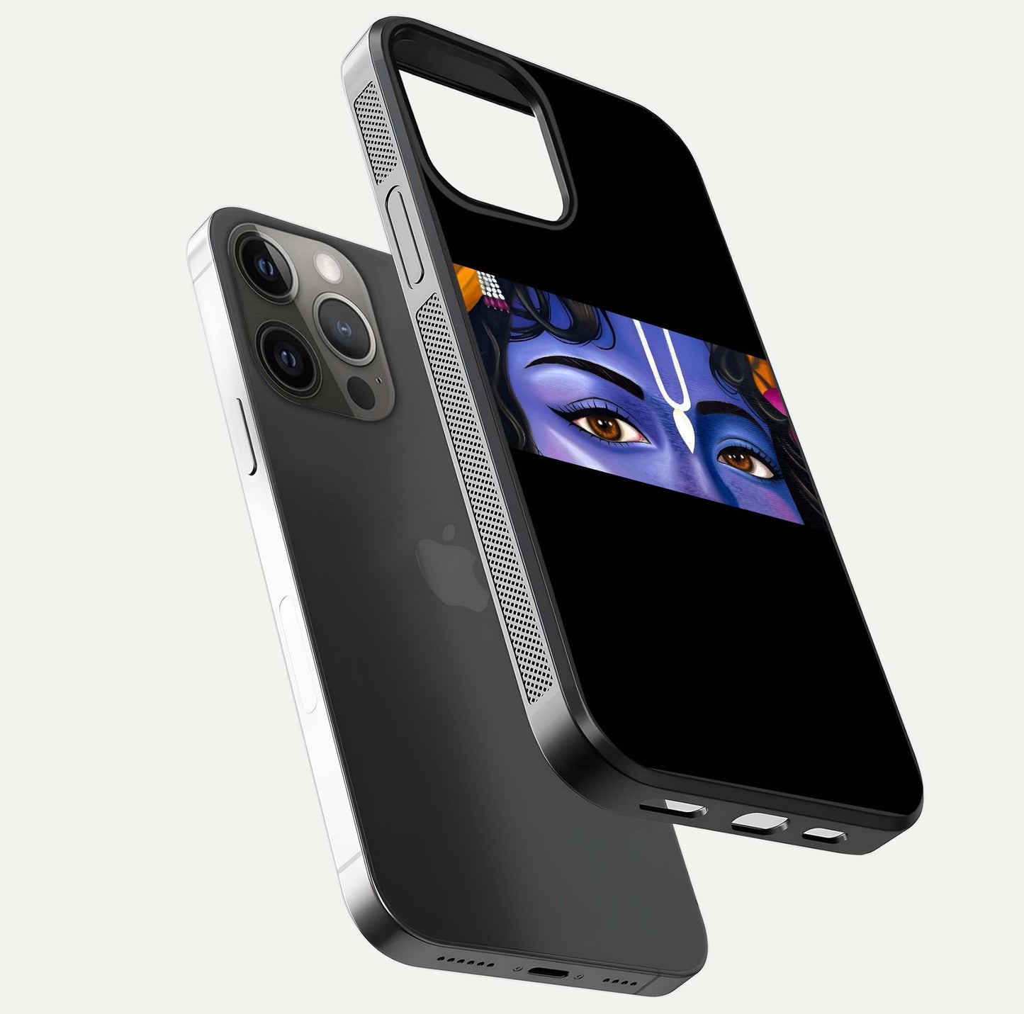 Krishna Eye Glass Case for iPhone 12 Pro Max floating dual-view mockup showing gloss surface and divine art depth