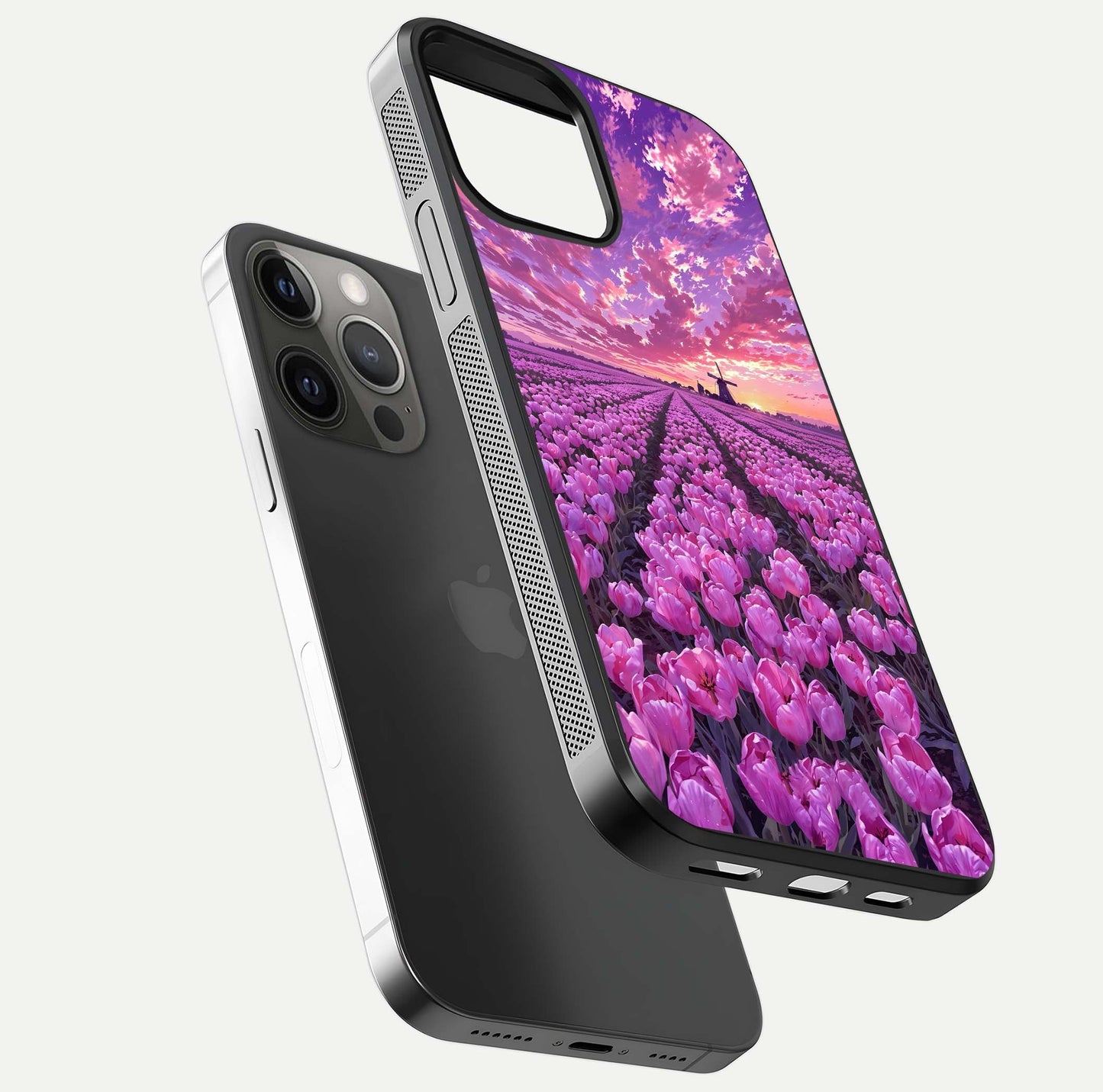 Lavender Dream Skies Glass Case for iPhone 12 Pro Max floating dual-view mockup showing gloss polish and pastel design