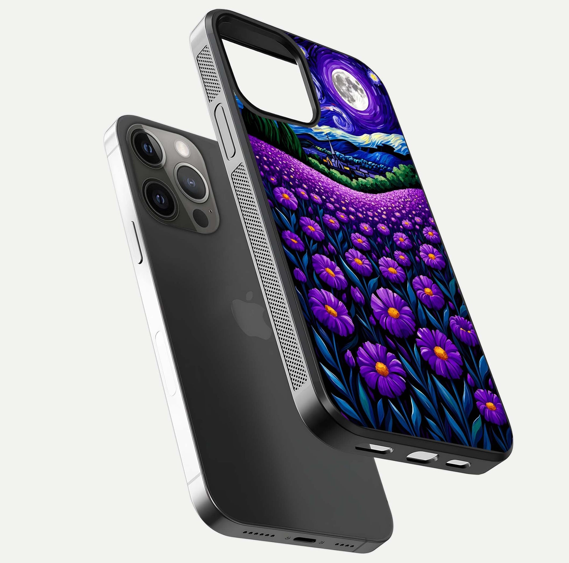 Lavender Moon Field Glass Case for iPhone 12 Pro Max floating dual-view mockup showing gloss surface and floral glow