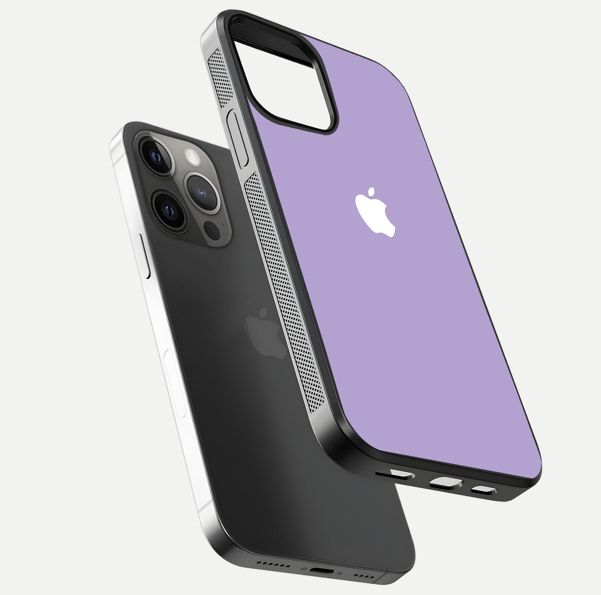 Lavender Soft Minimal Glass Case for iPhone 12 Pro Max floating dual-view mockup showing gloss reflection and pastel tone