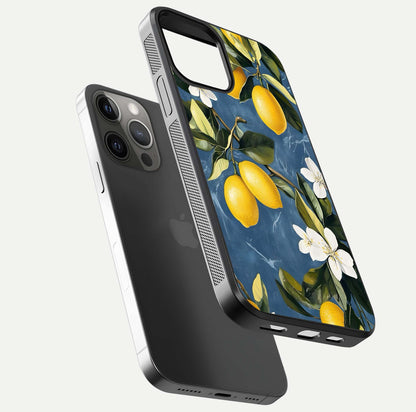 Lemon Dream Garden Glass Case for iPhone 12 Pro Max floating dual-view mockup showing gloss brightness and vivid yellow print