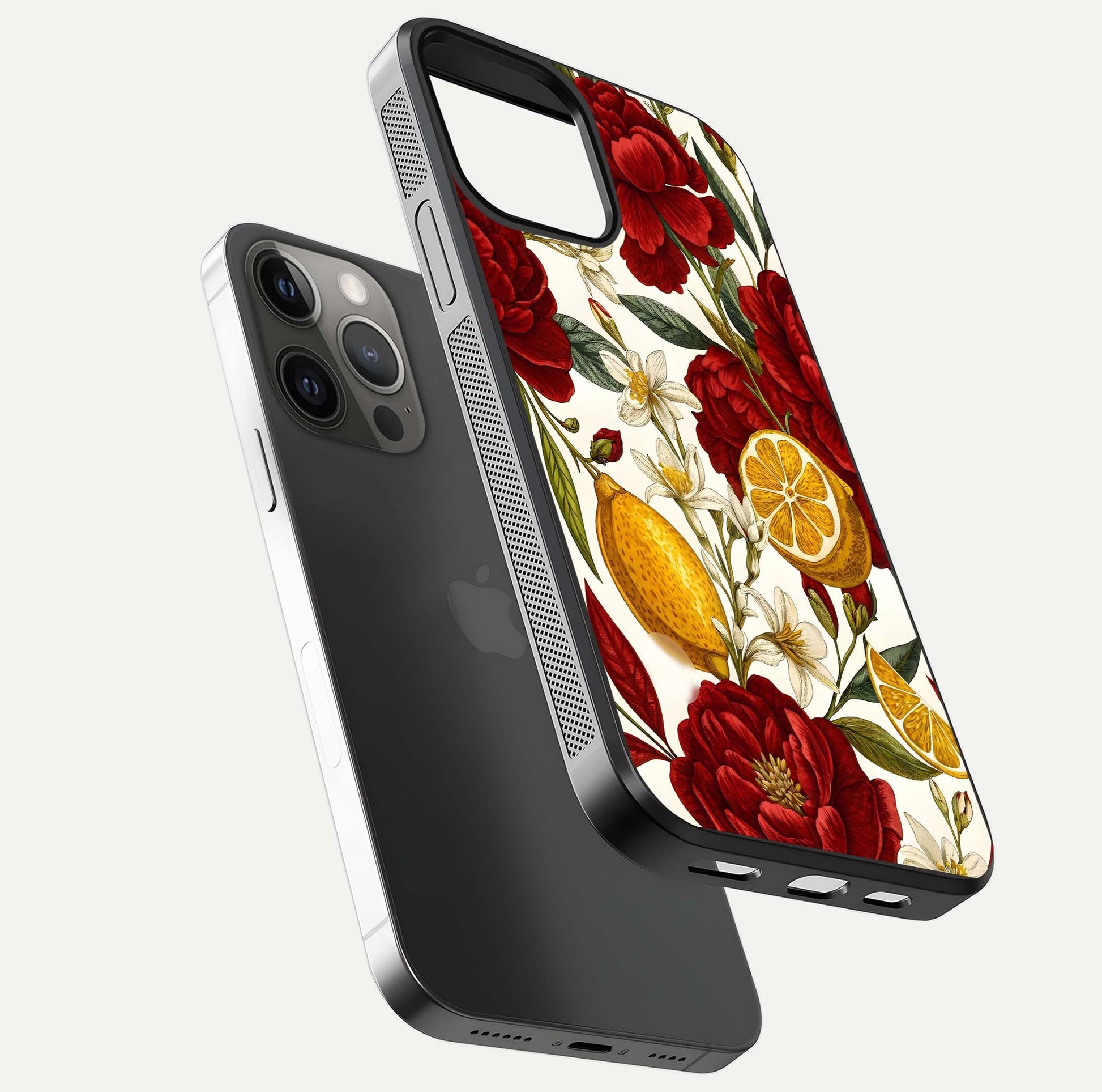 Lemon Rose Charm Glass Case for iPhone 12 Pro Max floating dual-view mockup showing gloss polish and floral gradient