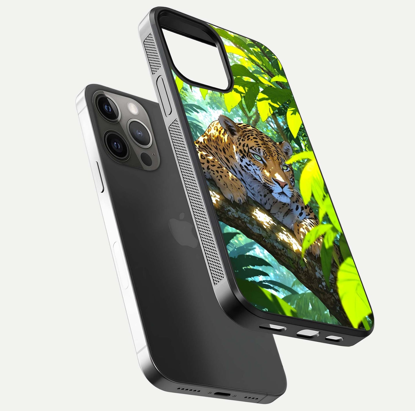 Leopard in Jungle Glass Case for iPhone 12 Pro Max floating dual-view mockup showing gloss finish and HD wild pattern