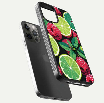 Lime and Raspberry Pattern Glass Case for iPhone 12 Pro Max floating dual-view showing HD gloss and vivid print
