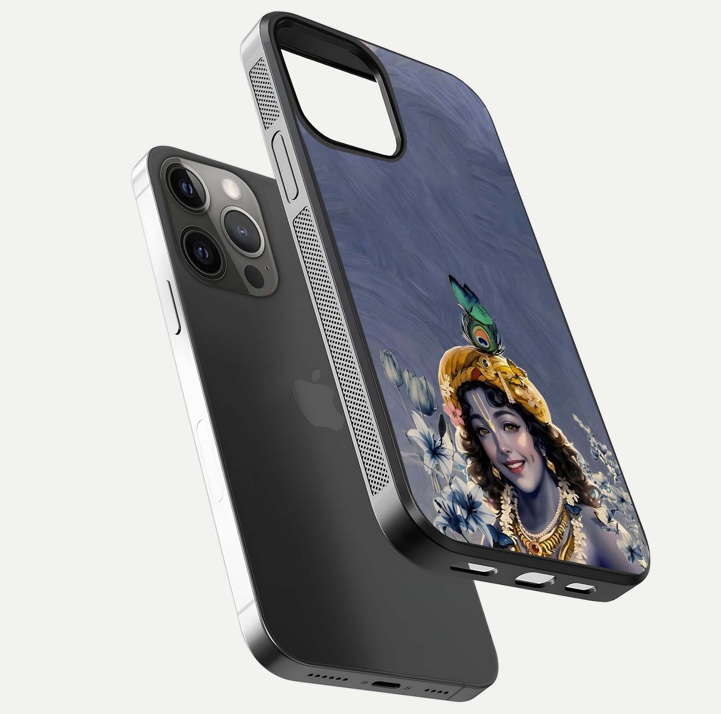 Lord Krishna Glass Case for iPhone 12 Pro Max floating dual-view showing glossy shine and divine artistic pattern